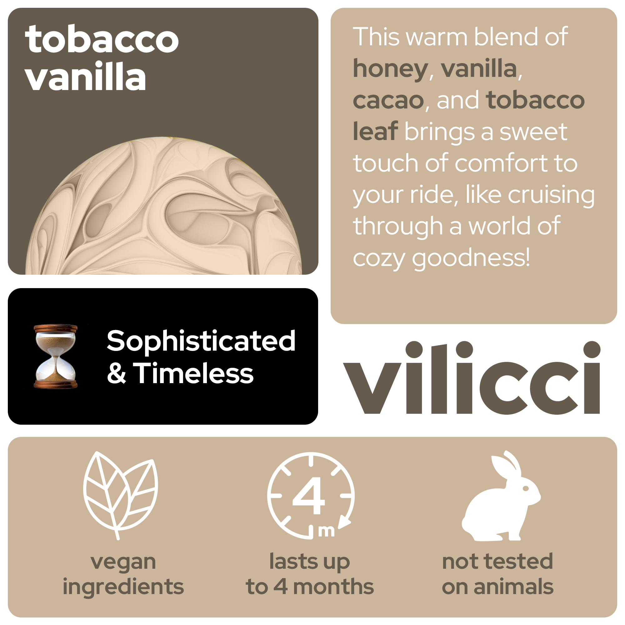 Vilicci Tobacco Vanilla car diffuser scent card featuring honey, vanilla, cacao, and tobacco leaf with a Sophisticated & Timeless identity